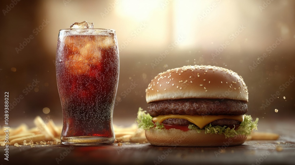 Mouthwatering Cheeseburger and Glass of Soda with Ice on Rustic Table Surrounded by Golden French Fries in Warm, Inviting Restaurant Environment Mouthwatering Cheeseburger and Glass of Soda with Ice on Rustic Table Surrounded by Golden French Fries in Warm, Inviting Restaurant Environment