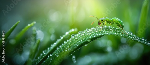 Green Ant on Dew-Covered Grass