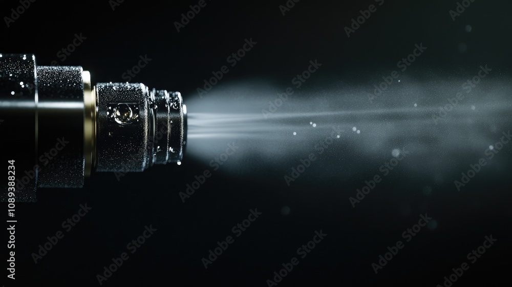 Close-up of a metallic spray nozzle emitting a fine mist with visible droplets, set against a dark background, highlighting its intricate design and functionality. Close-up of a metallic spray nozzle emitting a fine mist with visible droplets, set against a dark background, highlighting its intricate design and functionality.