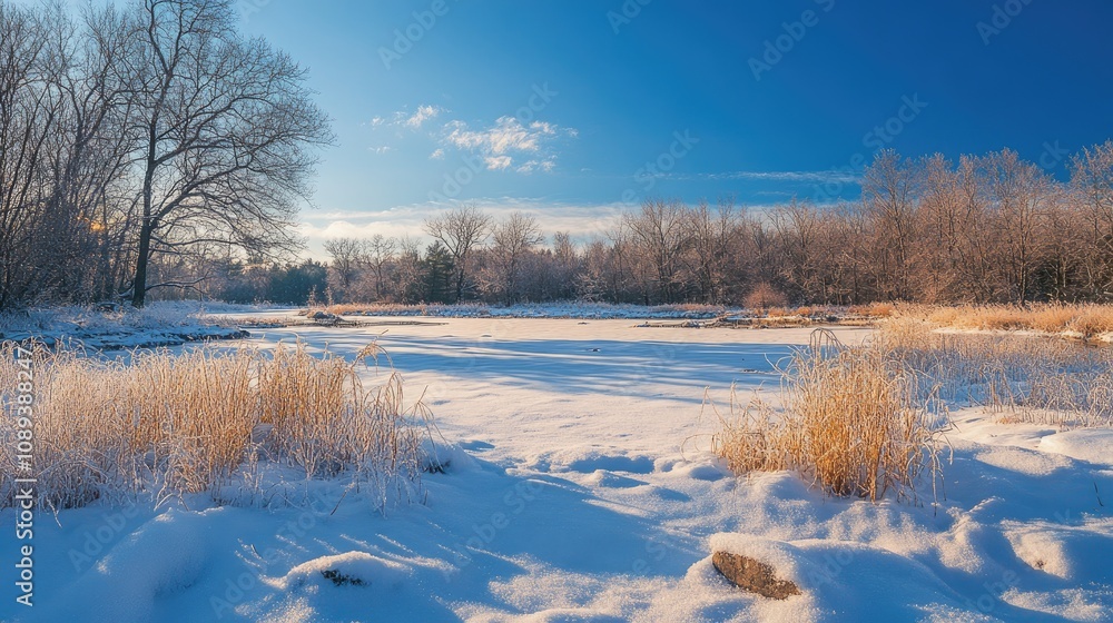 Serene winter landscape panorama with snow-covered fields, frosted trees, and a tranquil frozen lake beneath a bright blue sky Serene winter landscape panorama with snow-covered fields, frosted trees, and a tranquil frozen lake beneath a bright blue sky