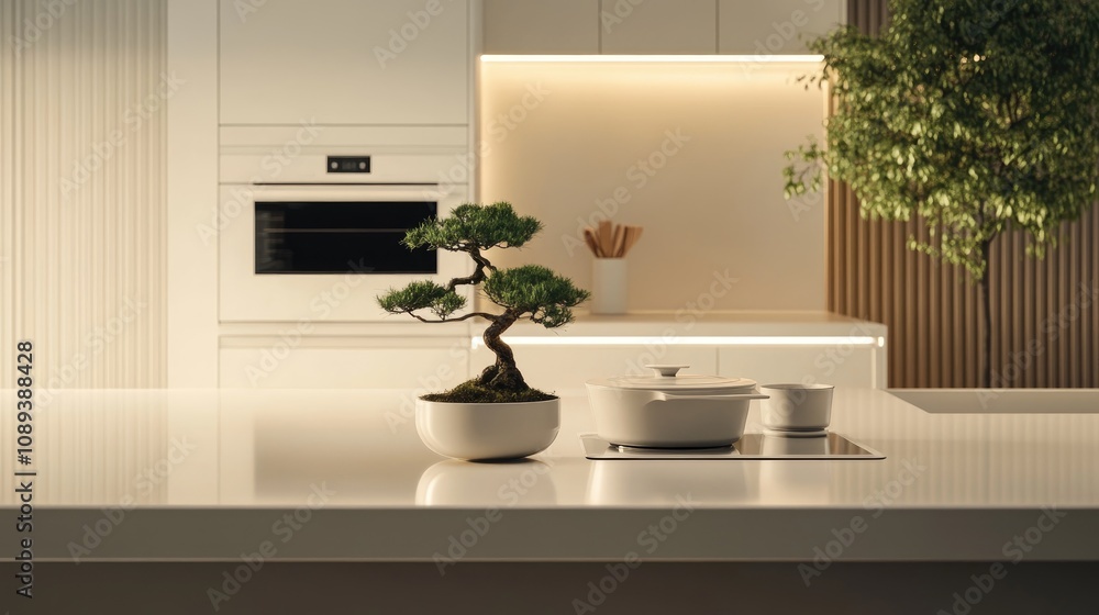 Contemporary kitchen showcasing a sleek white countertop with a white oven, two cooking pots, and a charming bonsai tree for a minimalist aesthetic. Contemporary kitchen showcasing a sleek white countertop with a white oven, two cooking pots, and a charming bonsai tree for a minimalist aesthetic.