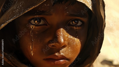 Arabian boy with tear-filled eyes and sand-dusted cheeks gazing sorrowfully, capturing a moment of vulnerability and innocence. photo