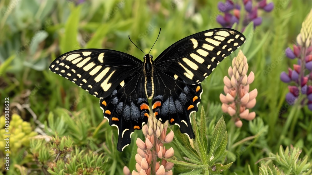 Butterfly perched on vibrant green grass surrounded by blooming brown lupine flowers with delicate petals and rich colors. Butterfly perched on vibrant green grass surrounded by blooming brown lupine flowers with delicate petals and rich colors.