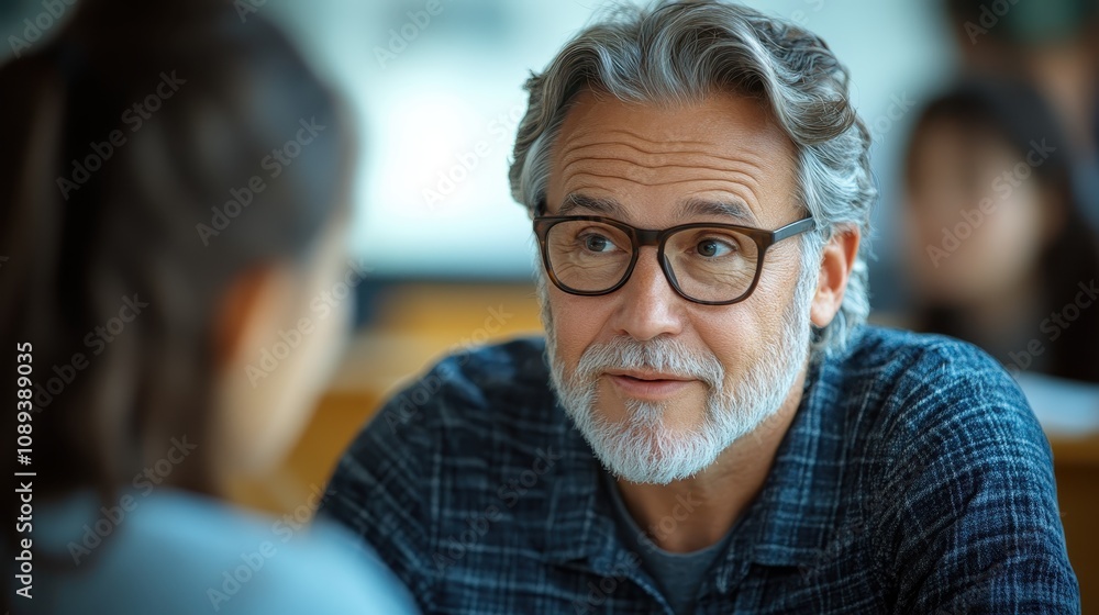A thoughtful conversation unfolds between a man with glasses and a woman, capturing an intimate moment in a casual setting.