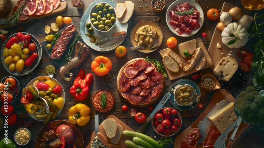 Top view of a table covered with a variety of beautifully arranged, vibrant, and delicious food dishes, creating an appetizing and colorful composition.
Top view of a table covered with a variety of beautifully arranged, vibrant, and delicious food dishes, creating an appetizing and colorful composition.