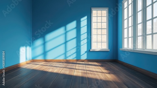 Bright cartoonish interior with vibrant blue walls, rich wooden flooring, and two sunlight-filled windows on the right side casting distinct shadows.