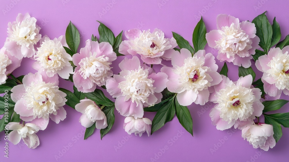 Elegant Arrangement of Soft Pink Peonies on a Lavender Background with Ample Space for Custom Text or Design Elements Elegant Arrangement of Soft Pink Peonies on a Lavender Background with Ample Space for Custom Text or Design Elements