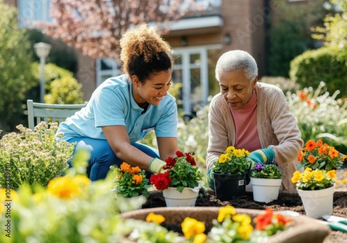 Nurse helps a senior woman plant colorful flowers in a garden, enjoying the therapeutic benefits of horticulture