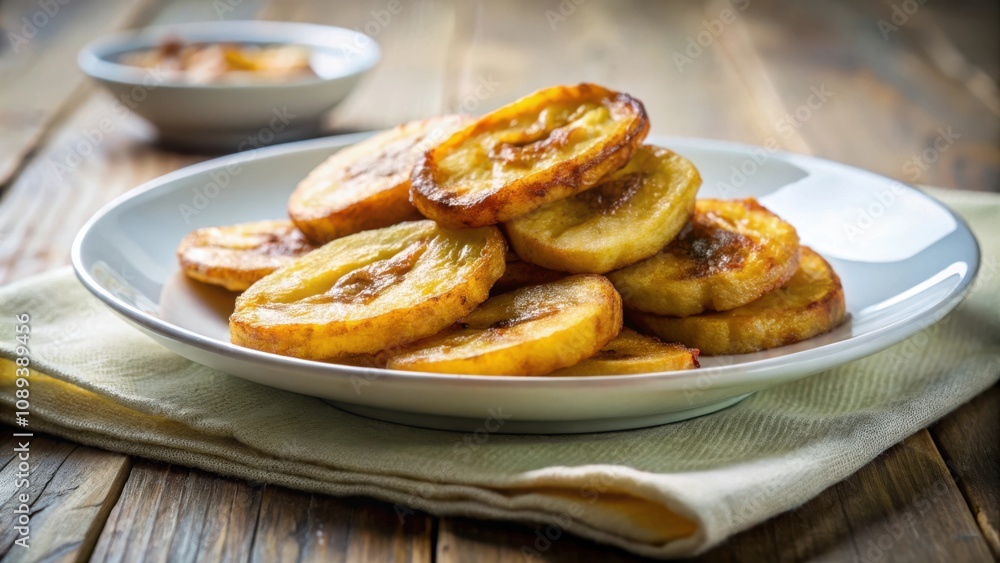 Golden Brown Fried Plantain Slices on White Plate with Linen Napkin on Rustic Wooden Table Golden Brown Fried Plantain Slices on White Plate with Linen Napkin on Rustic Wooden Table
