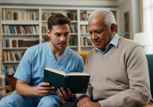 Young male nurse is assisting an elderly man by reading him a book in the library of a retirement home