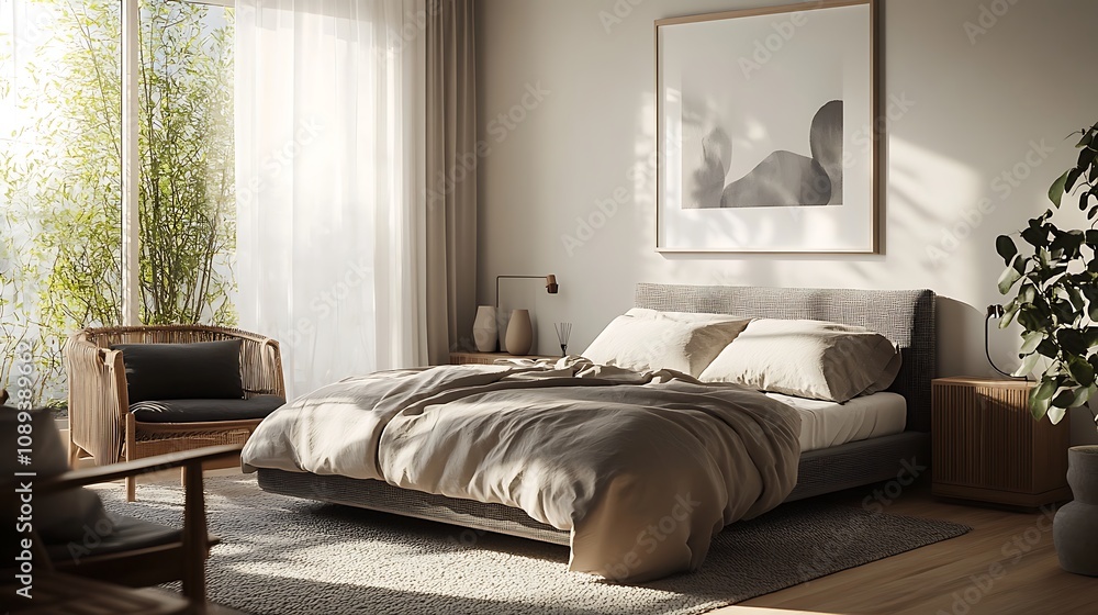 Fototapeta premium Elegant and Cozy Modern Bedroom Interior Design with Stylish Decor, mockup, poster and Background