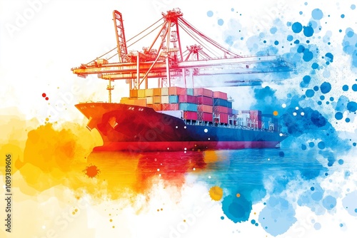 Vibrant shipping container illustration showcases global trade and maritime logistics, emphasizing colorful port operations and economic impact