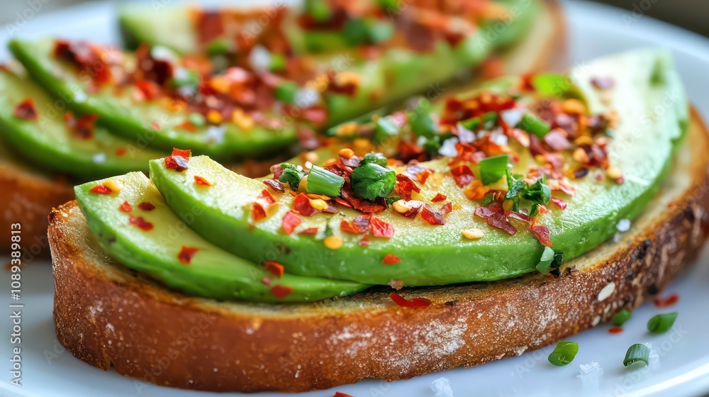 Two slices of toasted bread topped with avocado, chili flakes, and chives on a white plate. Two slices of toasted bread topped with avocado, chili flakes, and chives on a white plate.