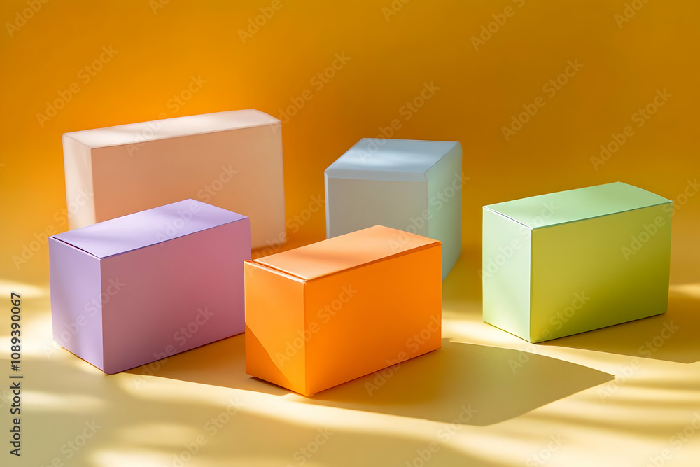 Fototapeta premium Colorful pastel boxes arranged on a yellow background, illuminated by sunlight casting shadows.