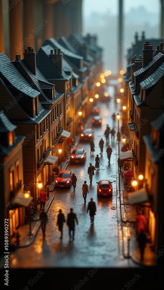 Obraz premium Miniature cityscape with tilt-shift effect, detailed buildings, illuminated streets, figurines, indoor setting, moody lighting. Generative, AI,
