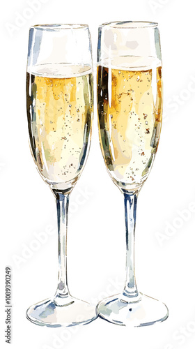 Hand drawn vector watercolor of two glasses of champagne isolated on white background vintage vector sketch drink illustration