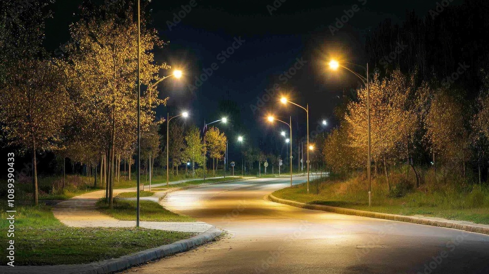 Fototapeta premium Illuminated winding road at night bordered by trees, featuring glowing street lights casting a warm ambiance on the smooth pavement.