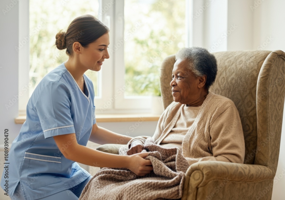 Obraz premium Young nurse covering elderly black woman with blanket, taking care of her with love and patience