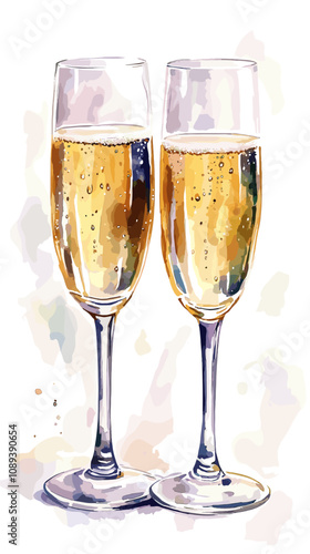 Hand drawn vector watercolor of two glasses of champagne isolated on white background vintage vector sketch drink illustration