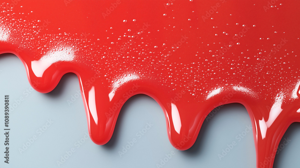 Close-up of glossy red liquid drips on a light gray surface with small droplets, creating a smooth, shiny texture Close-up of glossy red liquid drips on a light gray surface with small droplets, creating a smooth, shiny texture