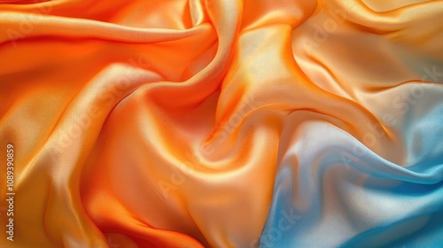 Silky fabric with vibrant orange and blue waves forming an abstract, textured background with smooth flowing folds and rich colors.