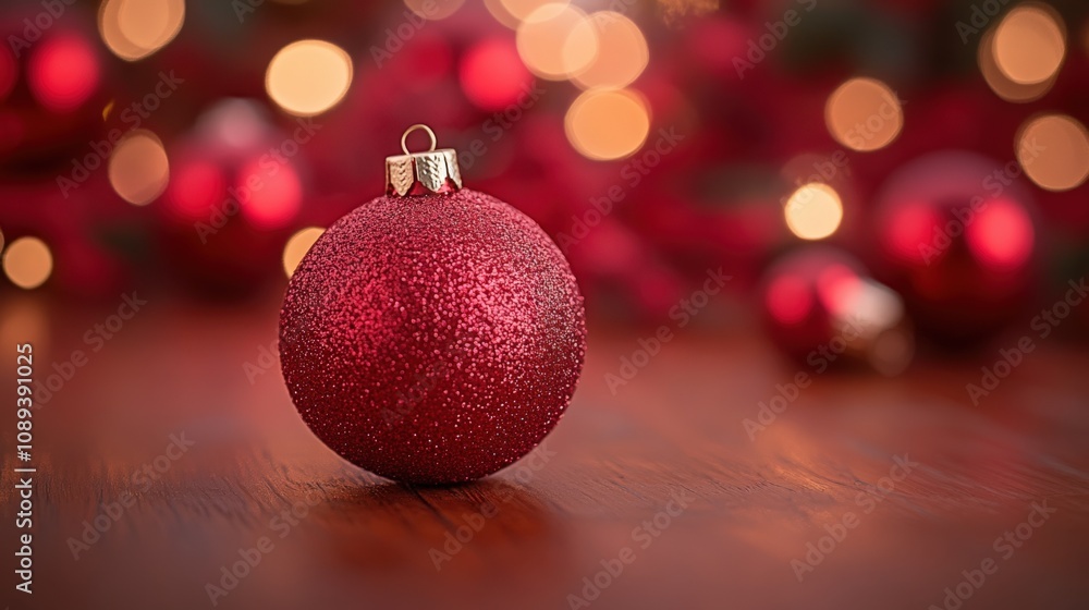 Elegant Red Christmas Ornament on Wooden Surface with Bokeh Lights Elegant Red Christmas Ornament on Wooden Surface with Bokeh Lights
