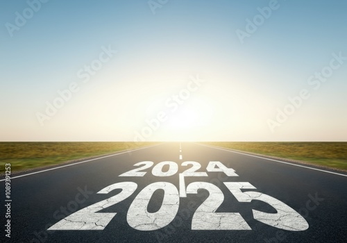 Wallpaper Mural Years  2024 and 2025 painted on an asphalt road leading to the horizon at sunset, symbolizing future and upcoming years Torontodigital.ca