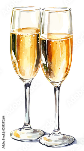 Hand drawn vector watercolor of two glasses of champagne isolated on white background vintage vector sketch drink illustration