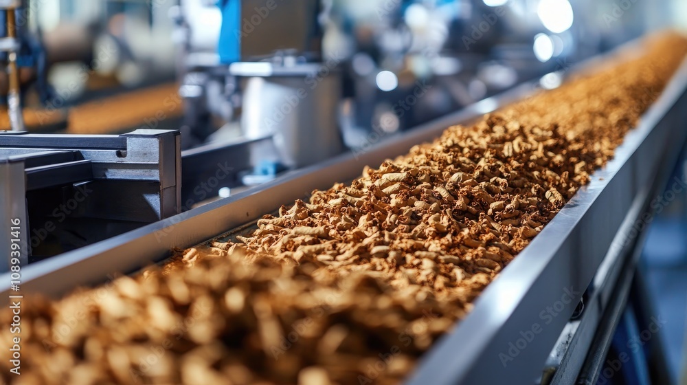 Automated conveyor belt sorting tobacco leaves for quality control in a manufacturing facility with a blurred background of industrial machinery. Automated conveyor belt sorting tobacco leaves for quality control in a manufacturing facility with a blurred background of industrial machinery.