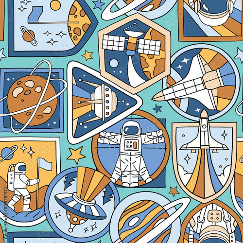 Seamless vector pattern with vintage space patches. Hand drawn retro spacecraft badges. Perfect for textile, wallpaper or nursery print design. EPS10 vector file.