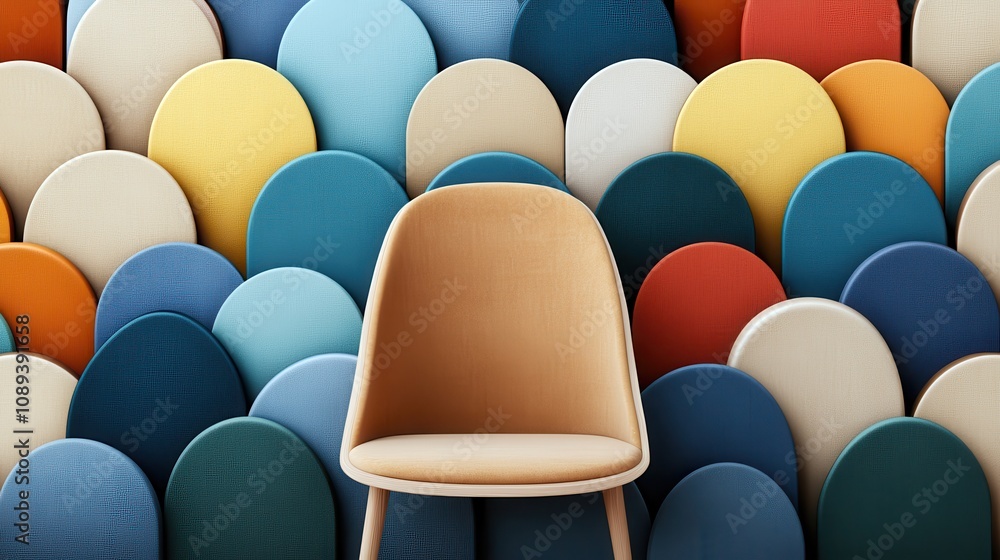 Obraz premium A modern chair stands out against a colorful, textured wall of circular shapes, creating a vibrant and inviting atmosphere.