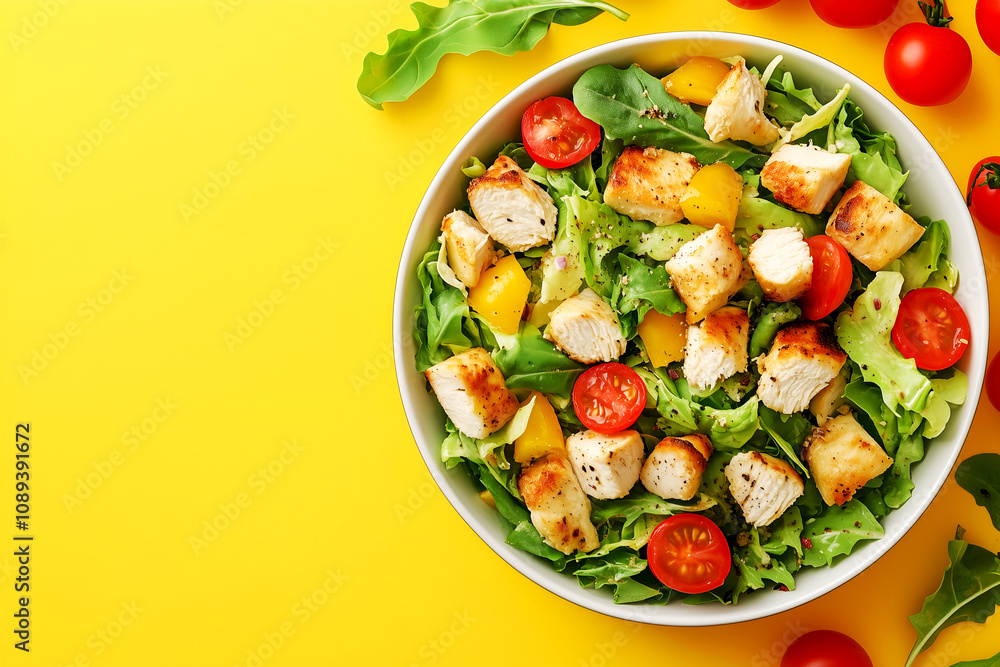 Caesar salad on yellow background with fresh lettuce, croutons, Parmesan, cherry tomatoes, and creamy dressing, perfect for menus, food blogs, and healthy eating promotions, copy space Caesar salad on yellow background with fresh lettuce, croutons, Parmesan, cherry tomatoes, and creamy dressing, perfect for menus, food blogs, and healthy eating promotions, copy space