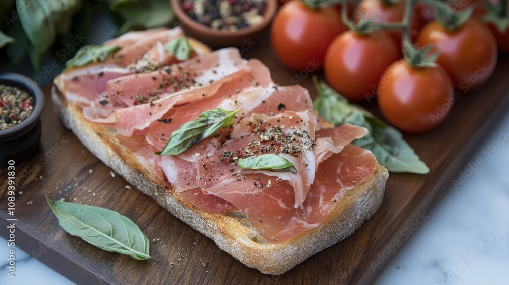 Bruschetta with prosciutto and fresh basil on a wooden board, accompanied by ripe tomatoes and assorted spices for a rustic presentation. Bruschetta with prosciutto and fresh basil on a wooden board, accompanied by ripe tomatoes and assorted spices for a rustic presentation.