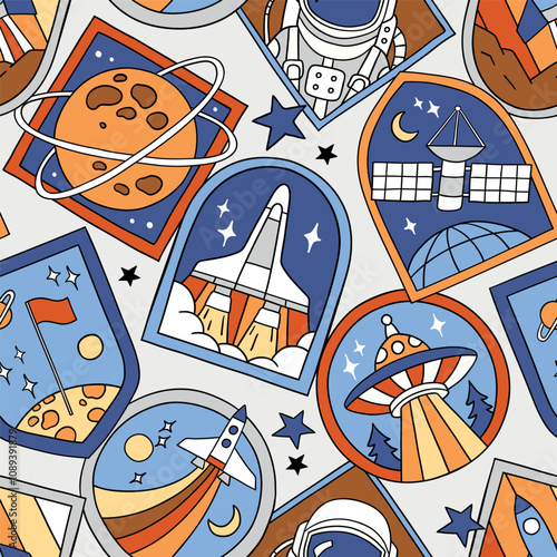 Seamless vector pattern with vintage space patches. Hand drawn retro spacecraft badges. Perfect for textile, wallpaper or nursery print design. EPS10 vector file.