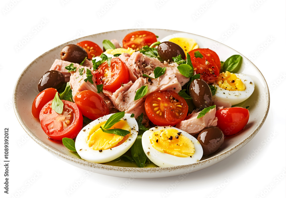 Nicoise salad isolated on white with eggs, tuna, and vegetables, on light background with copy space, perfect for illustrating Mediterranean cuisine in magazines, menus, food blogs, recipe books Nicoise salad isolated on white with eggs, tuna, and vegetables, on light background with copy space, perfect for illustrating Mediterranean cuisine in magazines, menus, food blogs, recipe books