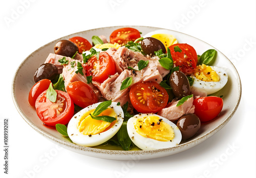 Nicoise salad isolated on white with eggs, tuna, and vegetables, on light background with copy space, perfect for illustrating Mediterranean cuisine in magazines, menus, food blogs, recipe books