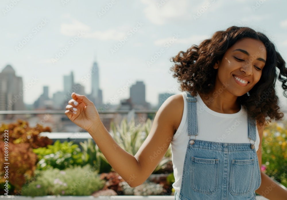 Fototapeta premium Carefree young woman enjoying a sunny day, dancing on a rooftop garden with the new york city skyline in the background