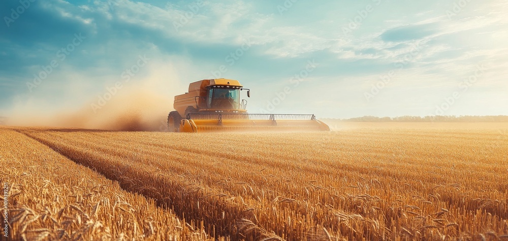 Obraz premium A combine harvester works in a golden wheat field under a bright sky, creating a cloud of dust as it collects crops during harvest season.