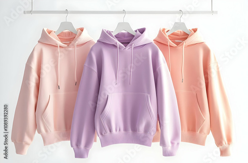 Three pastel-colored hoodies hang on white hangers against a white background.  The hoodies are pink, lavender, and peach. photo