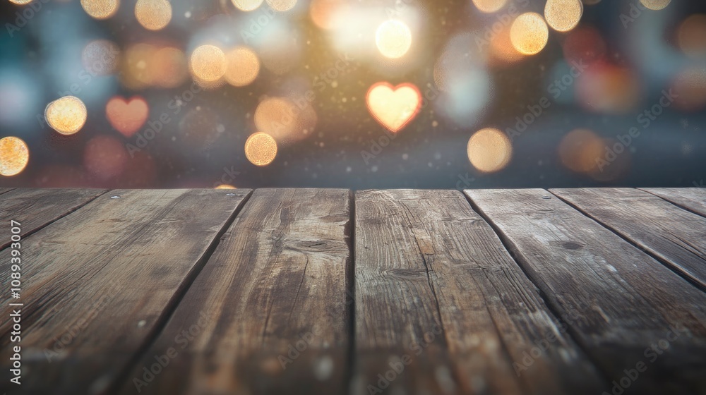 Wooden table showcasing an intricate heart design against a dreamy bokeh background filled with soft, colorful, glowing lights. Wooden table showcasing an intricate heart design against a dreamy bokeh background filled with soft, colorful, glowing lights.