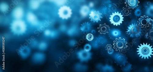 A vivid abstract image featuring floating gears in a blue-toned background, symbolizing technology and innovation.