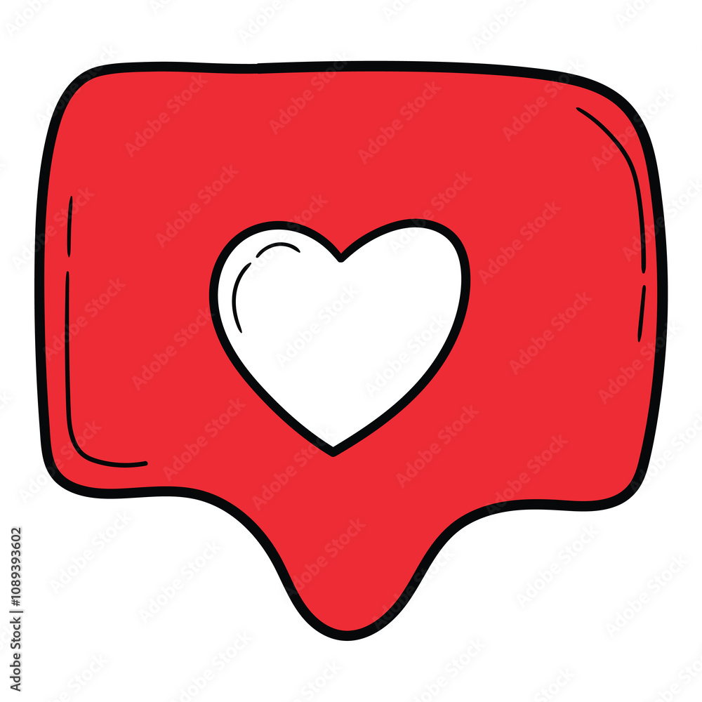 Hand drawn cartoon red speech bubble with white heart on white background. Hand drawn cartoon red speech bubble with white heart on white background.