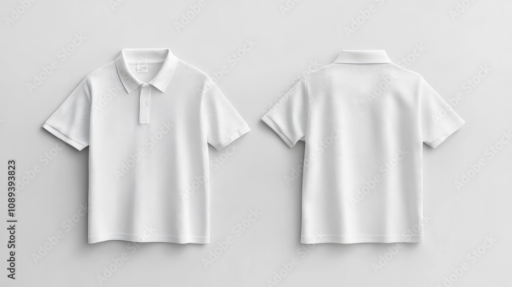 White polo shirt mockup featuring clear front and back views on a neutral background, ideal for clothing design presentations and branding purposes. White polo shirt mockup featuring clear front and back views on a neutral background, ideal for clothing design presentations and branding purposes.