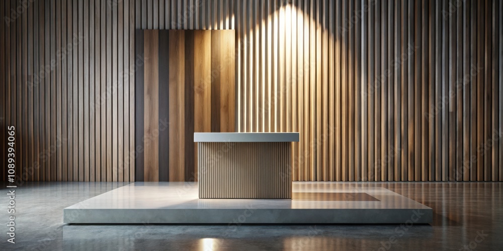 A Minimalist Interior Design Featuring a Sleek White Countertop on a Concrete Platform with a Wooden Wall Backdrop A Minimalist Interior Design Featuring a Sleek White Countertop on a Concrete Platform with a Wooden Wall Backdrop