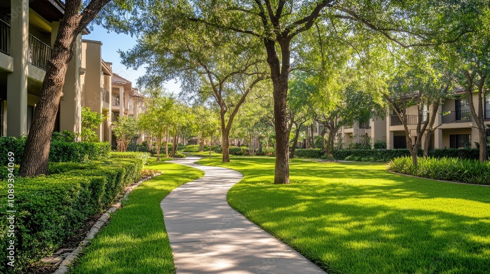 A winding pathway through vibrant green grass bordered by tall trees and manicured shrubs in a serene outdoor setting. A winding pathway through vibrant green grass bordered by tall trees and manicured shrubs in a serene outdoor setting.