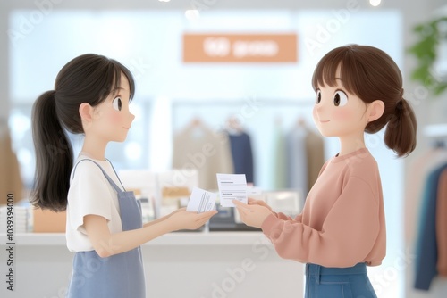 two animated characters exchanging business cards in a retail environment