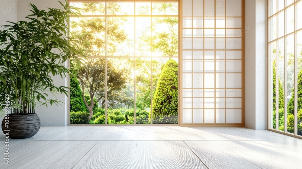 Fototapeta premium Serene Interior Space with Natural Light and Lush Greenery Visible Through Elegant Sliding Doors in a Tranquil Outdoor Garden Setting