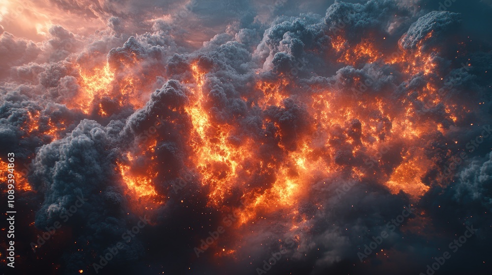 Vivid depiction of chaotic explosions with vibrant flames and swirling smoke illuminating a dramatic dark backdrop, evoking intense energy and movement. Vivid depiction of chaotic explosions with vibrant flames and swirling smoke illuminating a dramatic dark backdrop, evoking intense energy and movement.