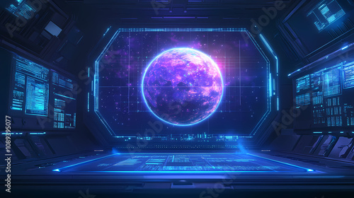 A sci-fi style data screen featuring a central animated holographic planet and grid with graphical data. Holographic Digital Grid. Illustration