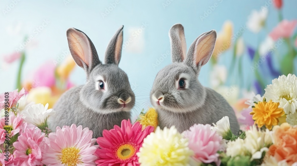 Adorable gray rabbits surrounded by a vibrant assortment of flowers, set against a soft pastel background with space for customizing text. Adorable gray rabbits surrounded by a vibrant assortment of flowers, set against a soft pastel background with space for customizing text.